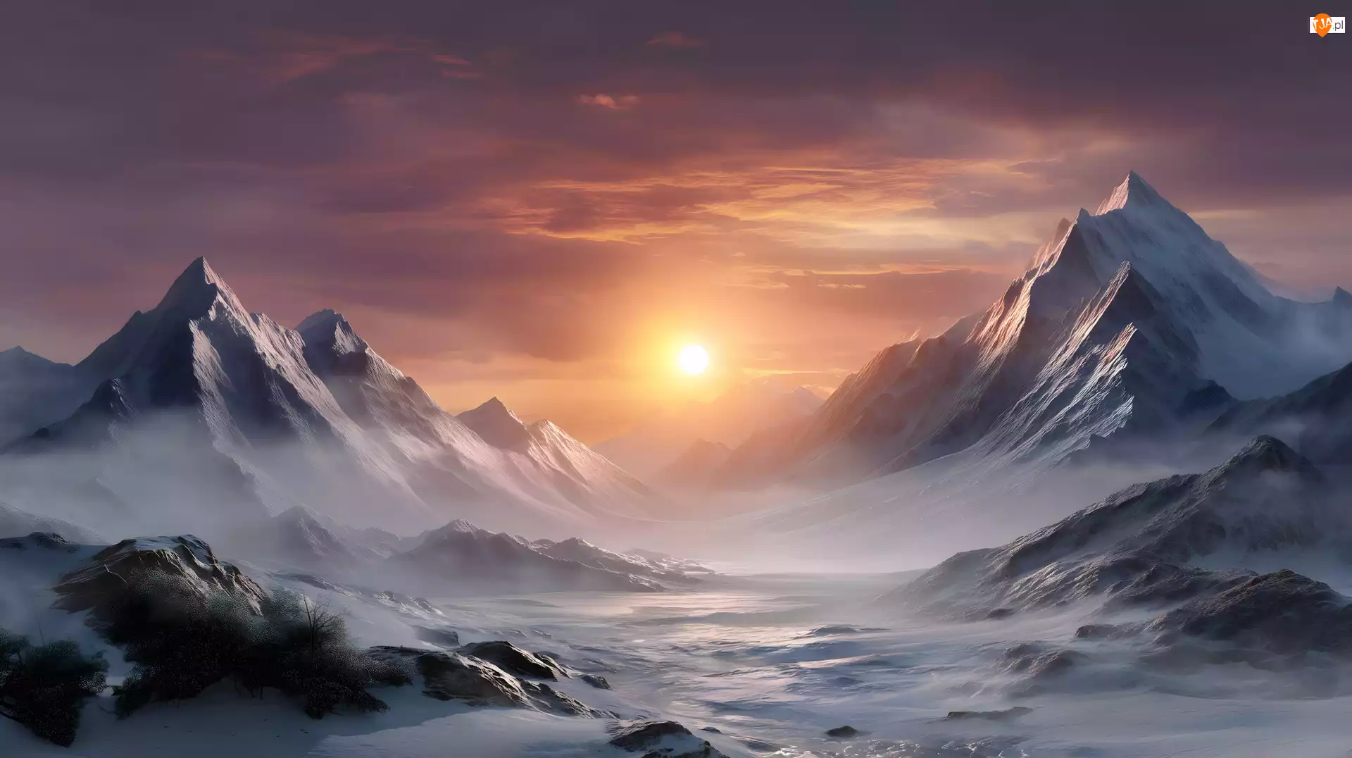 Mgła, Grafika AI, Góry, Zima, Zachód słońca