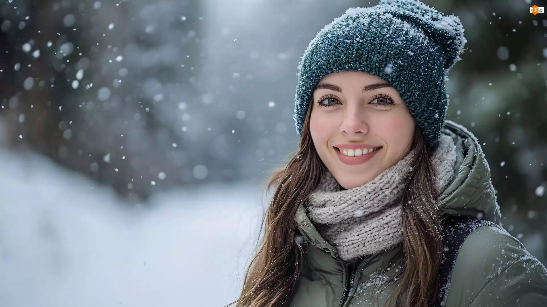 Czapka, Kobieta, Długie, Szal, Uśmiech, Włosy, Kurtka, Szatynka