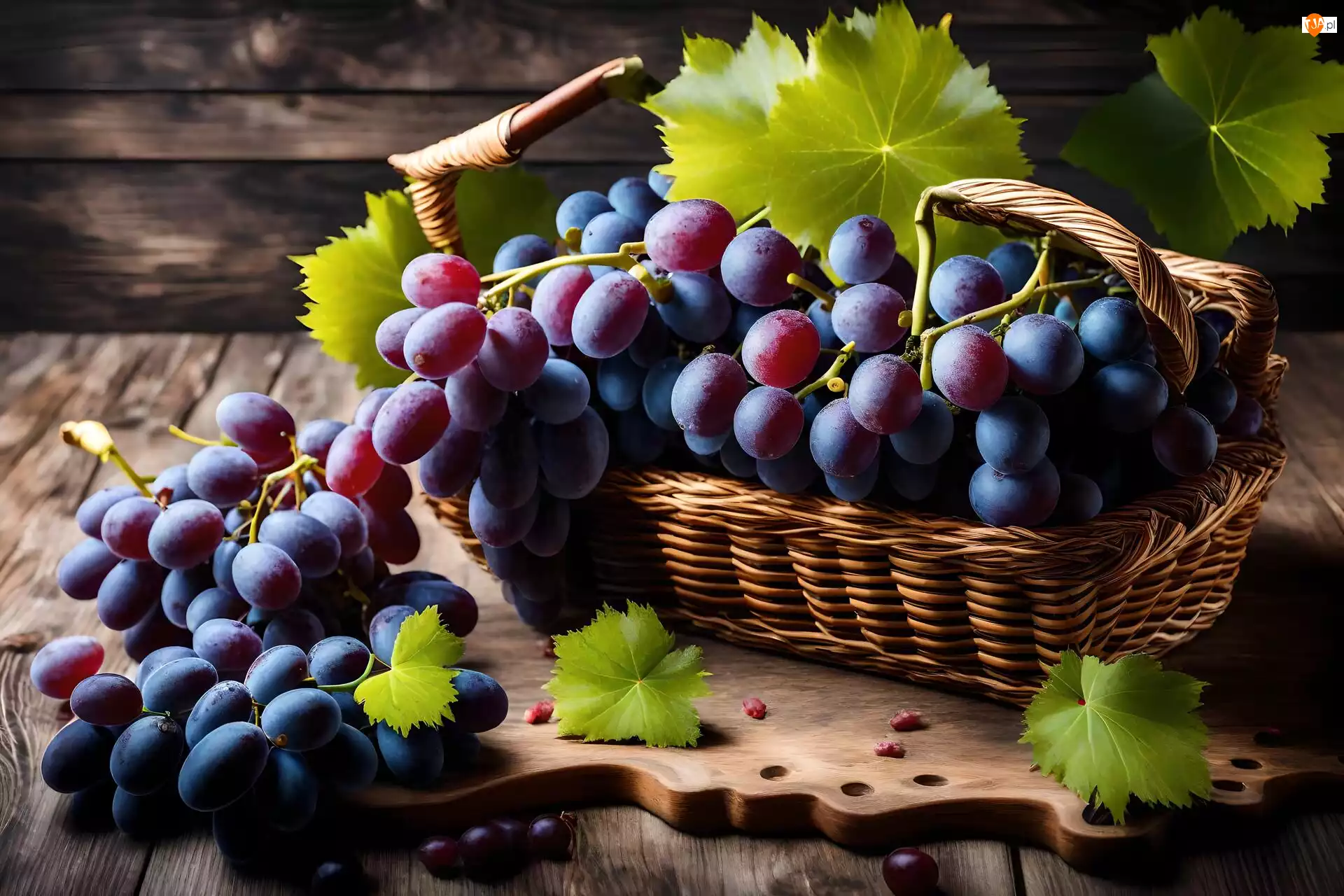 Listki, Deska, Winogrona, Niebieskie, Koszyk