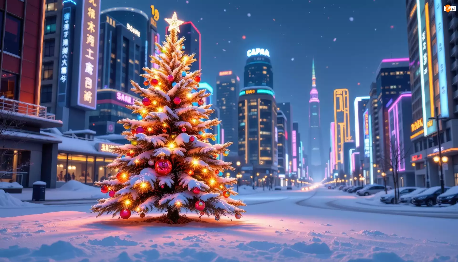 Zima, Choinka, Wieżowce, Miasto, Boże Narodzenie