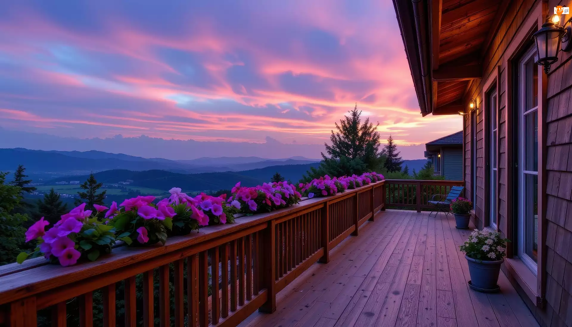 Balkon, Zachód słońca, Dom, Kwiaty, Balustrada