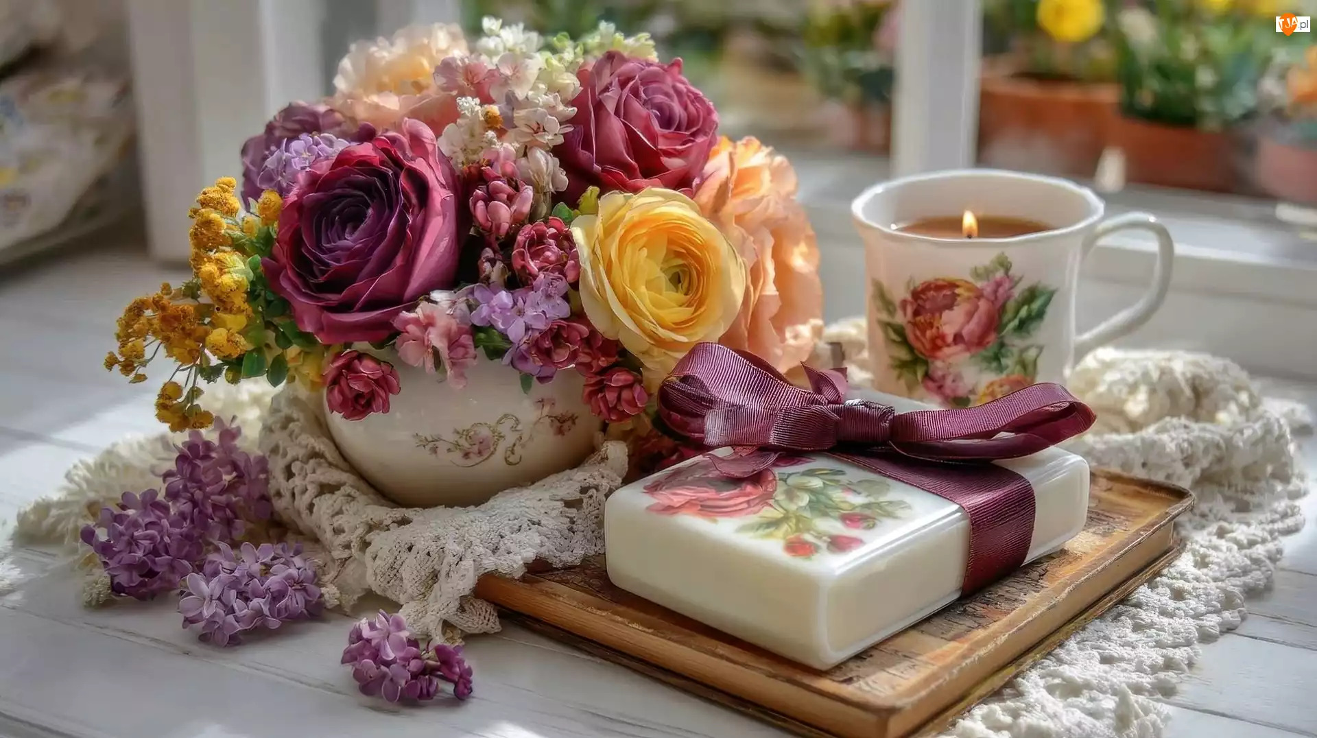 Świeca, Kompozycja, Wazon, Kwiaty, Prezent