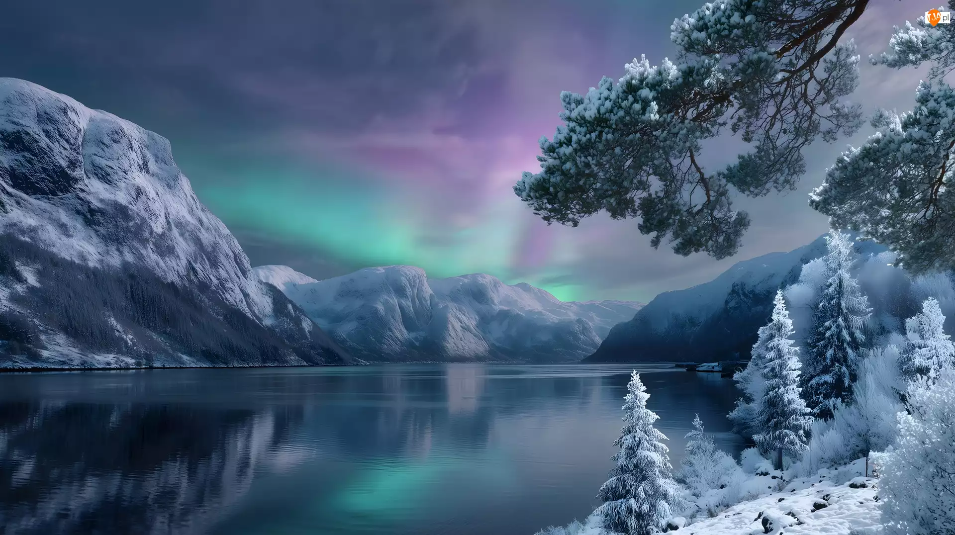 Jezioro, Zima, Góry, Grafika AI, Drzewa, Zorza polarna