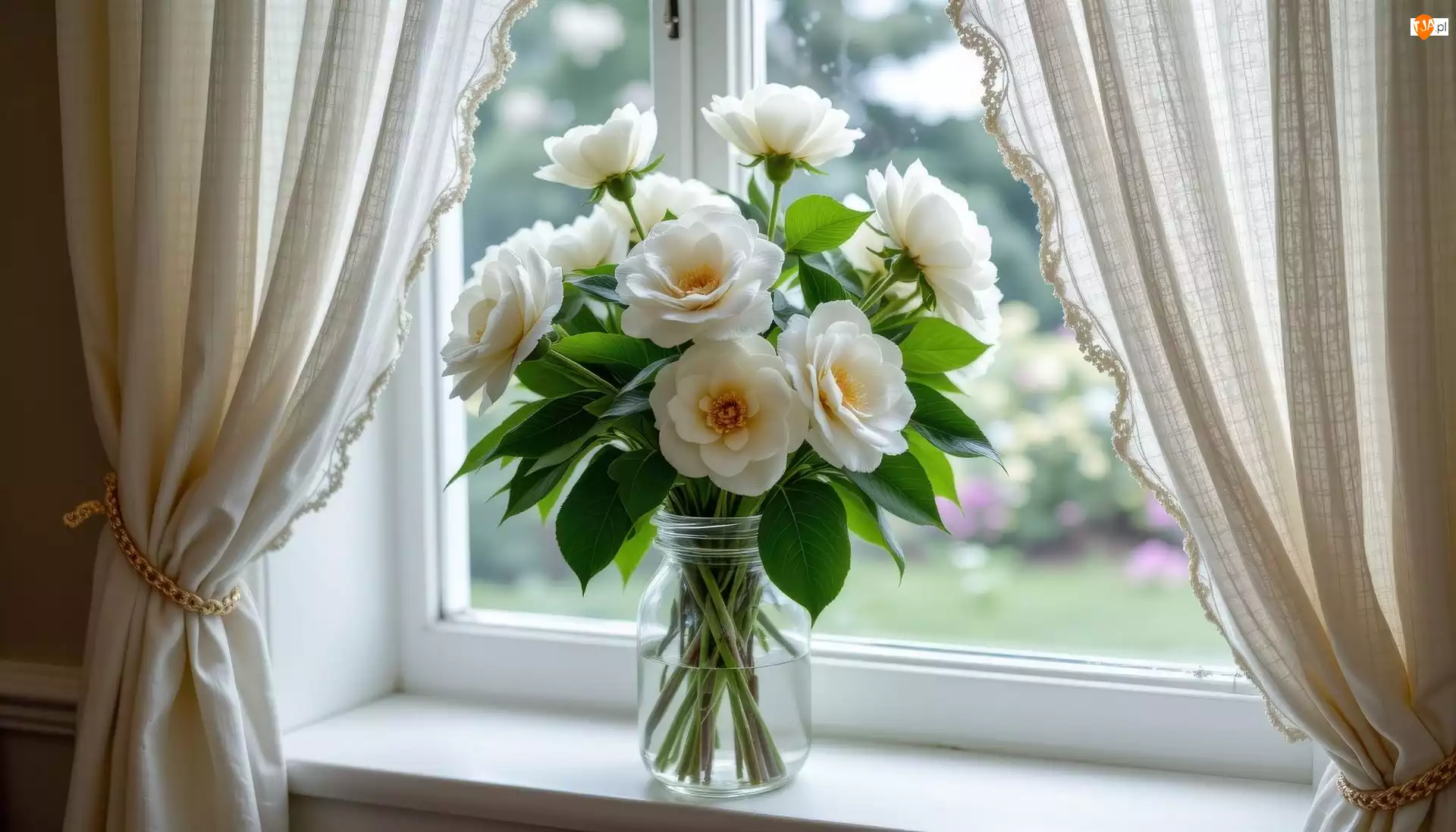 Bukiet, Kwiaty, Słoik, Firanki, Białe, Okno