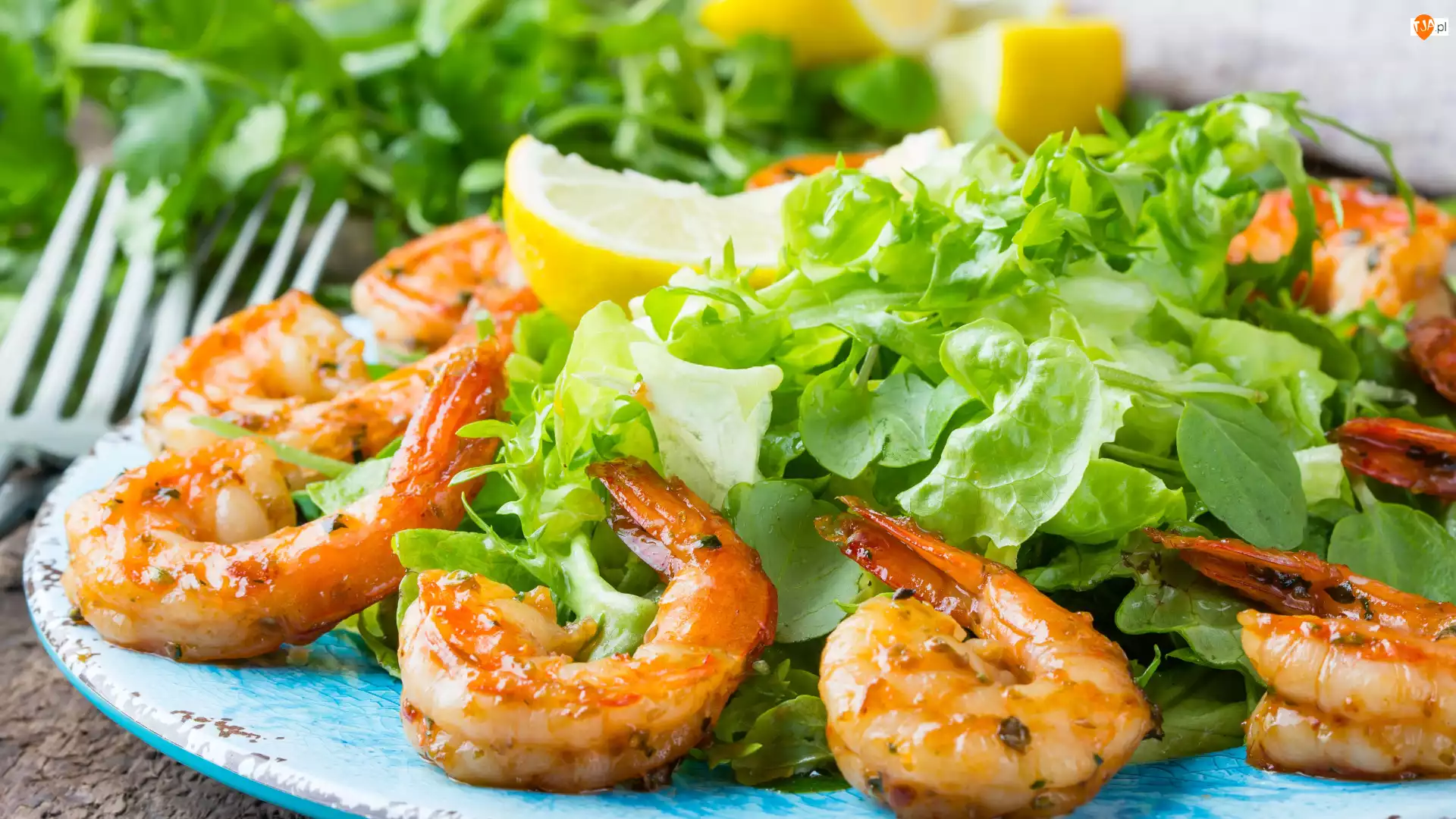 ​​Krewetki, Talerz Owoce morza, Zielona, Sałata, Cytryna