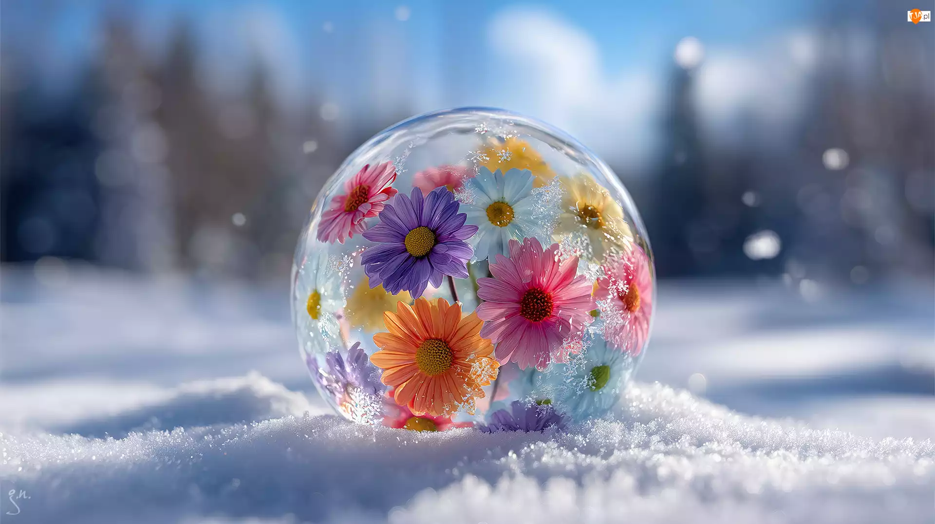 Kula, Szklana, Śnieg, Grafika AI, Kwiaty, Zima