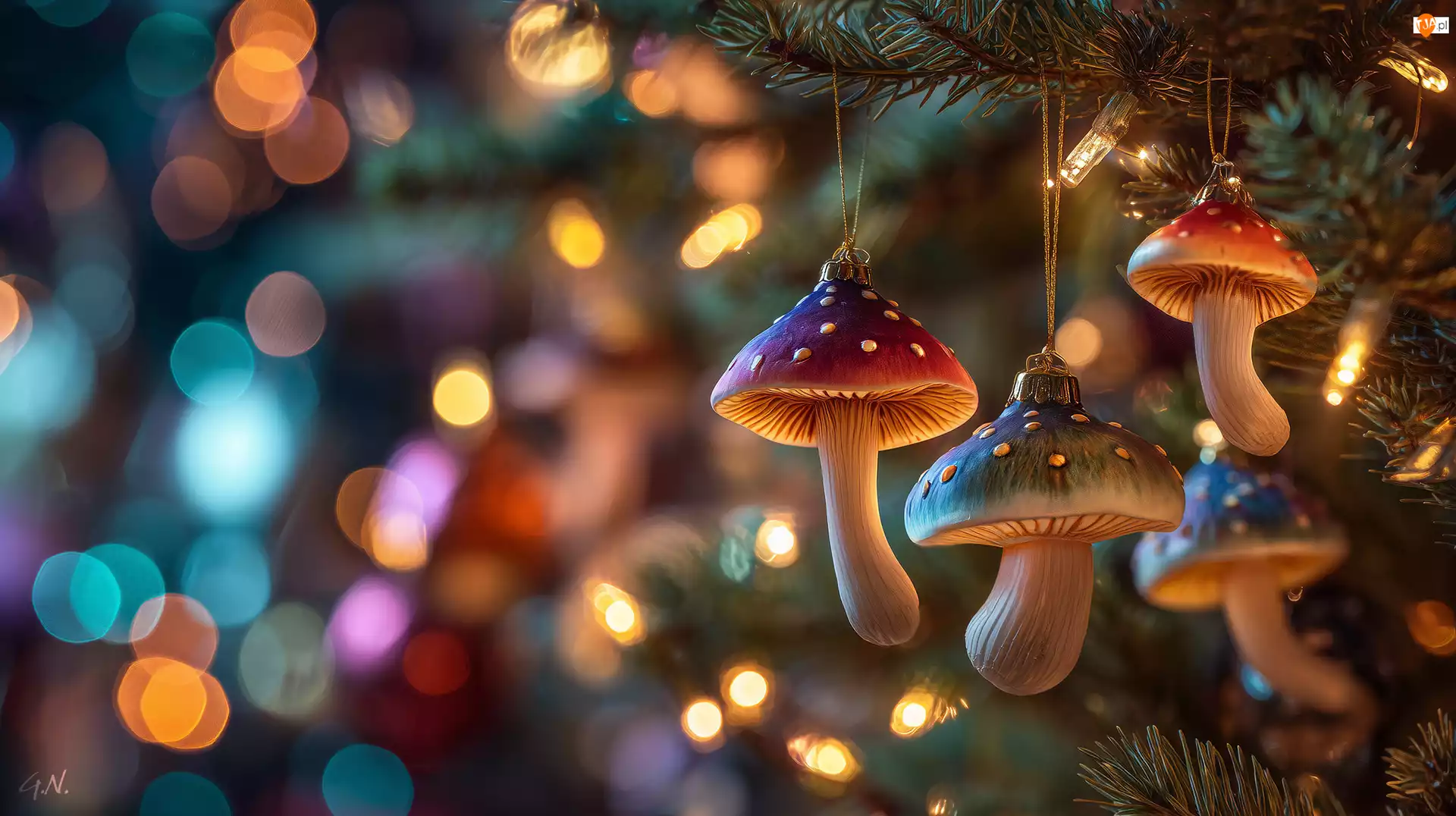 Choinka, Grafika AI, Grzybki, Bombki, Boże Narodzenie