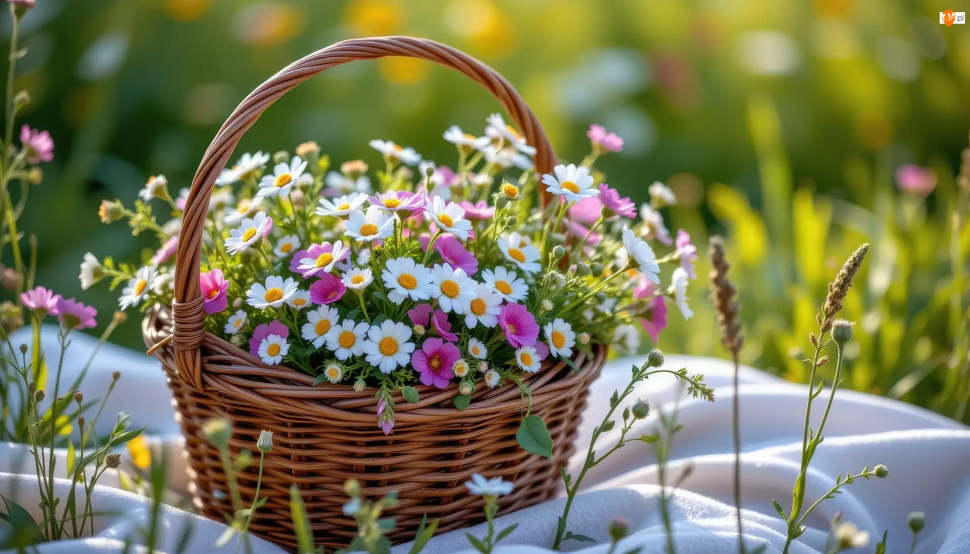Drobne, Koszyk, Białe, Różowe, Kwiaty