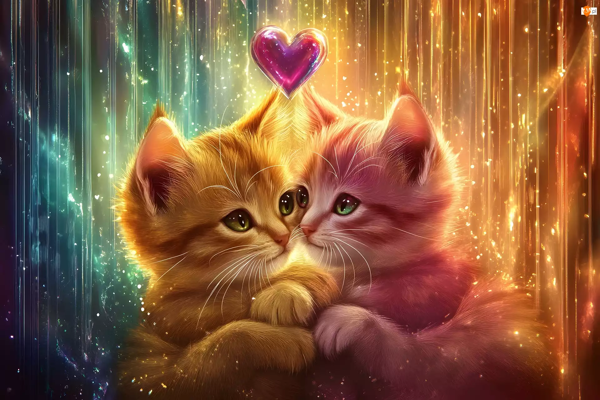 Koty, Grafika, Dwa, Przytulone, Serce