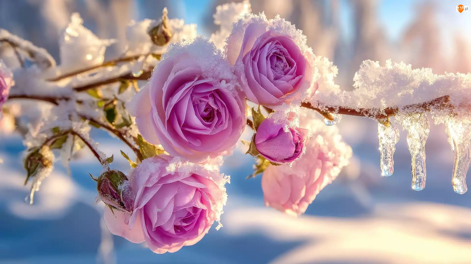 Róże, Grafika AI, Kwiaty, Ośnieżone, Lód