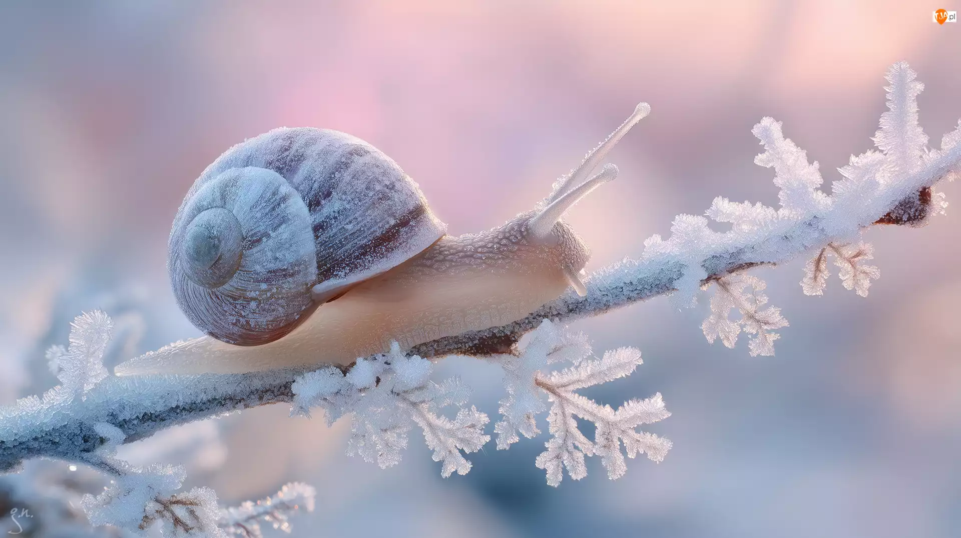 Szron, Zima, Gałązka, Ślimak, Grafika AI