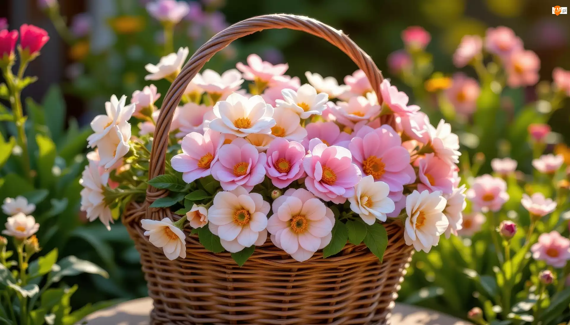 Ogród, Kwiaty, Różowe, Kosz