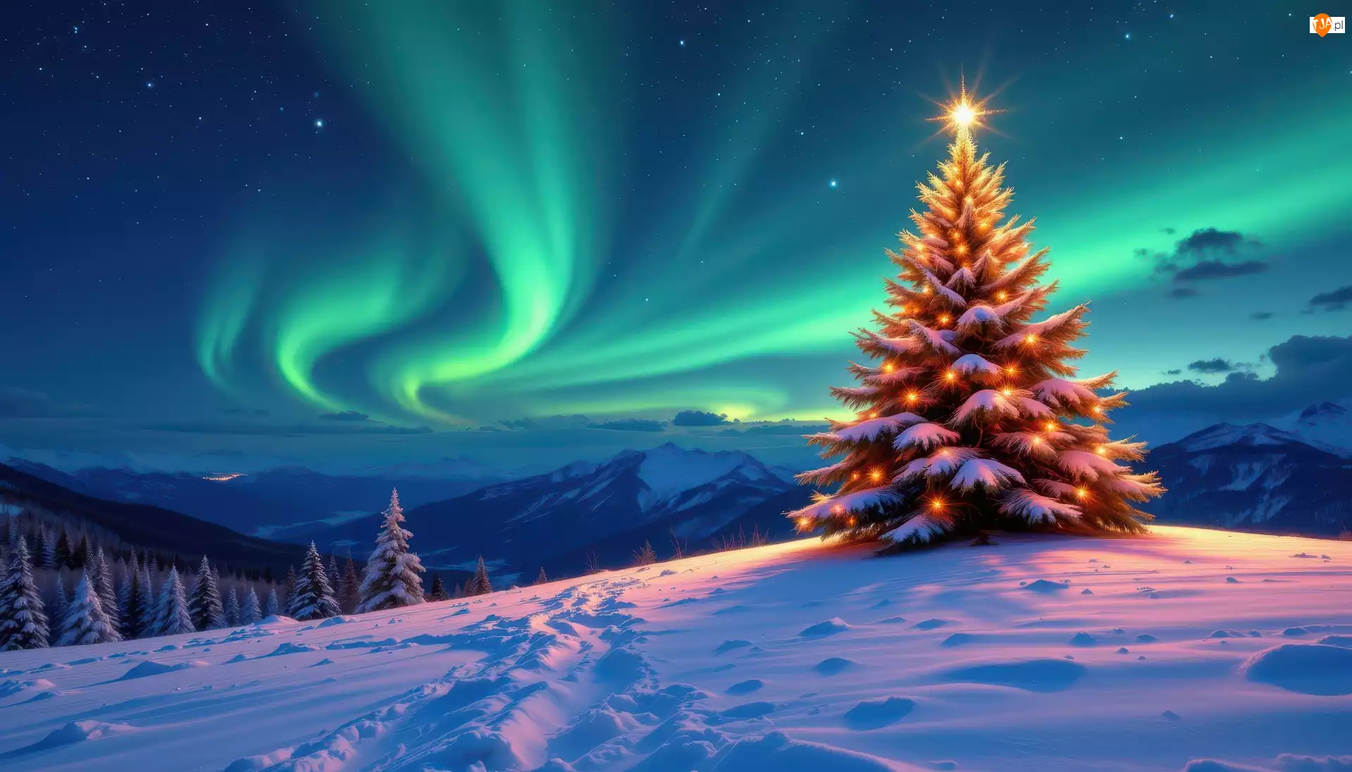Zima, Góry, Choinka, Zorza polarna, Boże Narodzenie, Drzewa