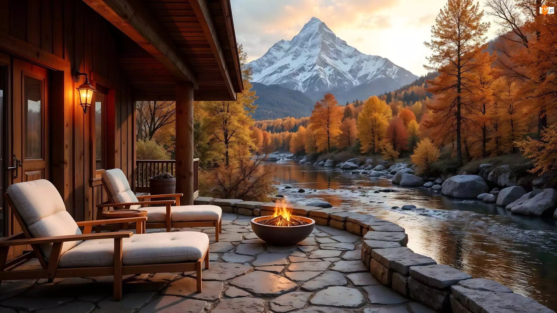 Taras, Jesień, Rzeka, Ogień, Góry, Dom, Fotele, Drzewa