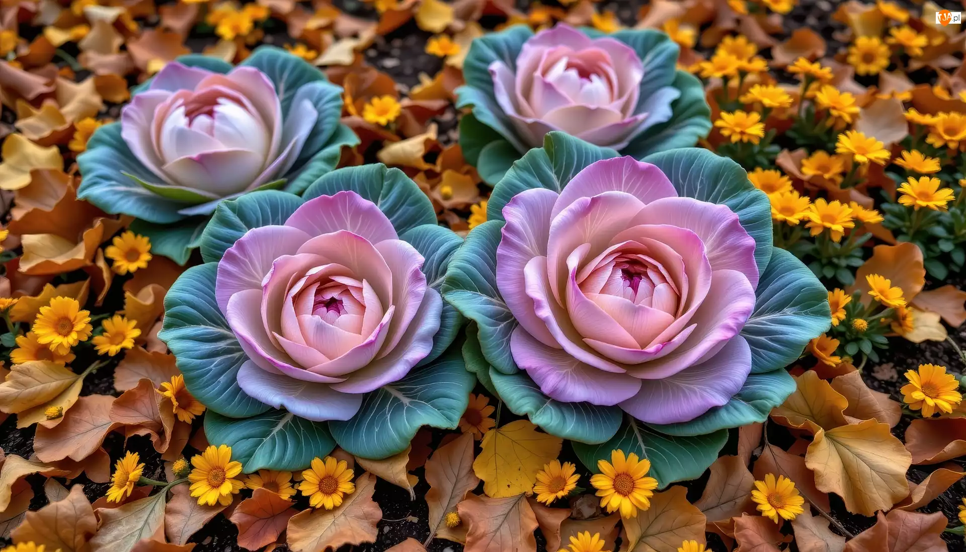 Żółte, AI, Kwiaty, Kapusta ozdobna, Liście