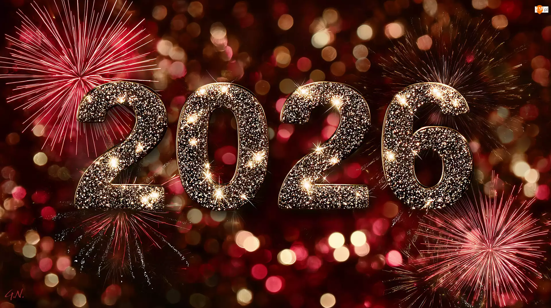2026, Grafika AI, Cyfry, Złote, Fajerwerki
