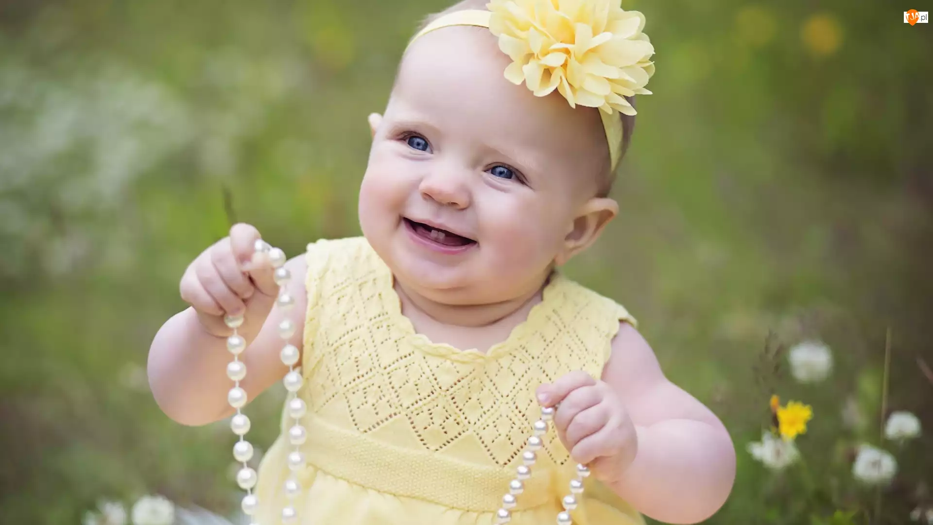 Dziewczynka, Żółta, Perły, Dziecko, Kwiat, Wstążka, Sukienka
