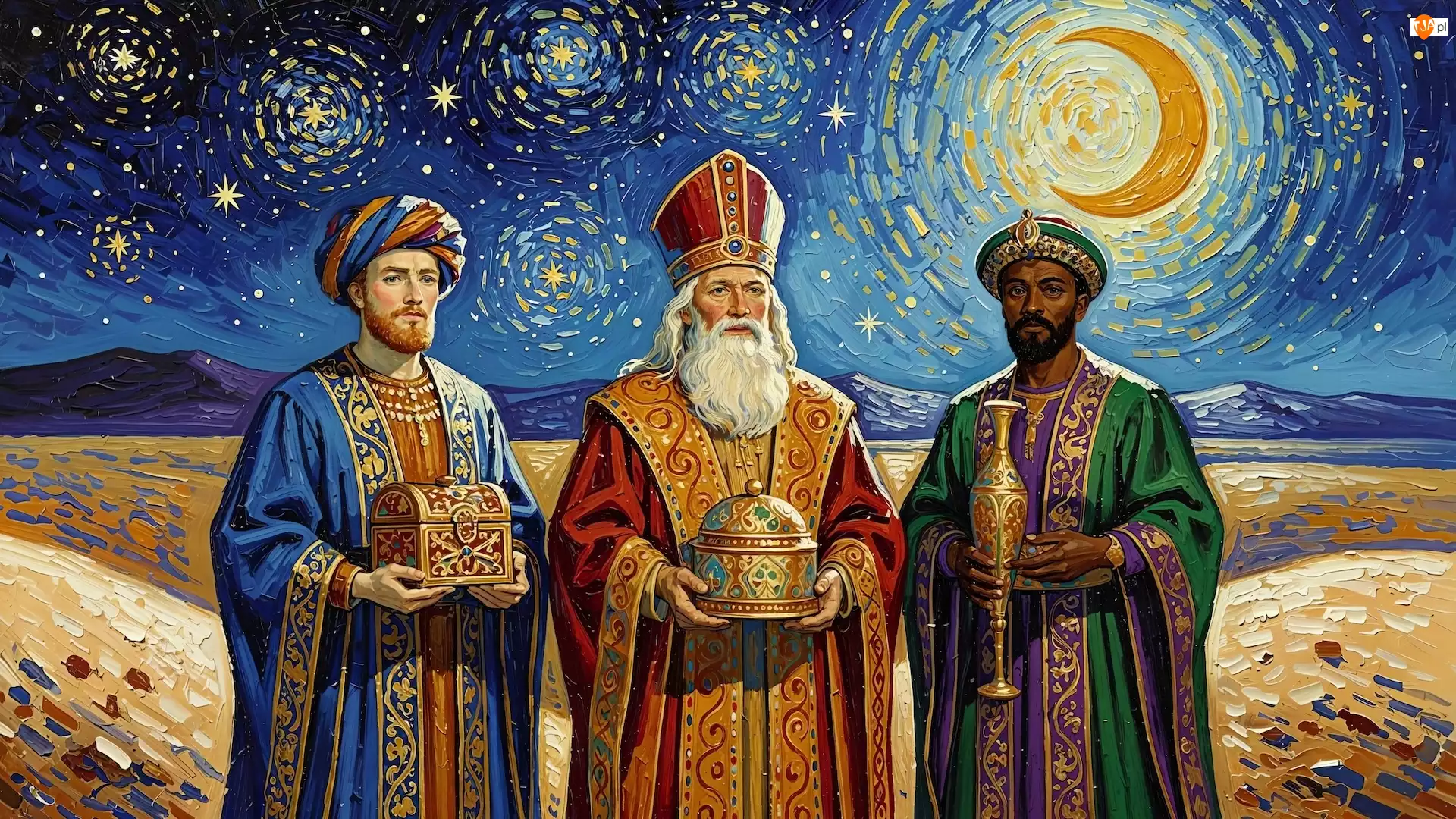 Księżyc, Mężczyźni, Dary, Noc, Trzej Królowie, Gwiazdy, Grafika Religijna, Mędrcy