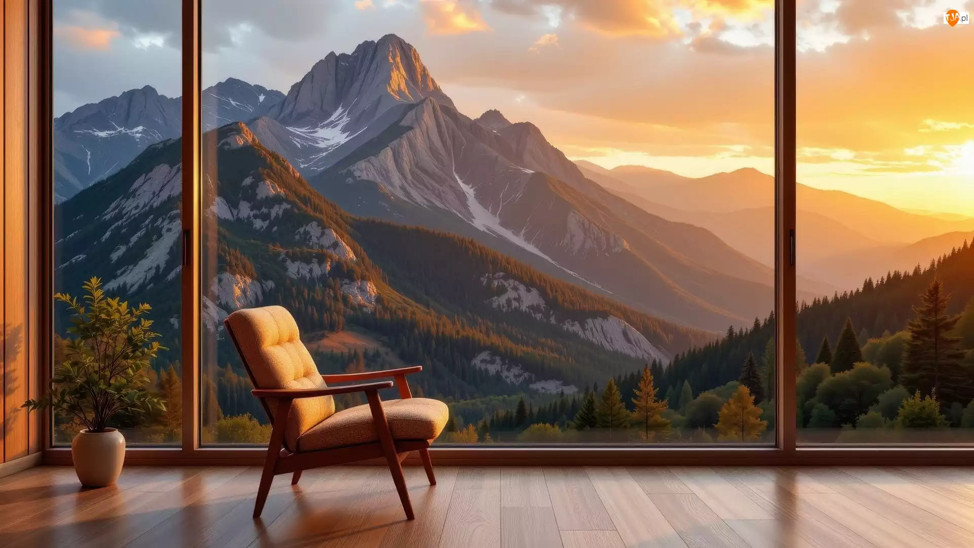 Góry, Pokój, Okno, Drzewa, Fotel, Widok, Zachód słońca, Wazon