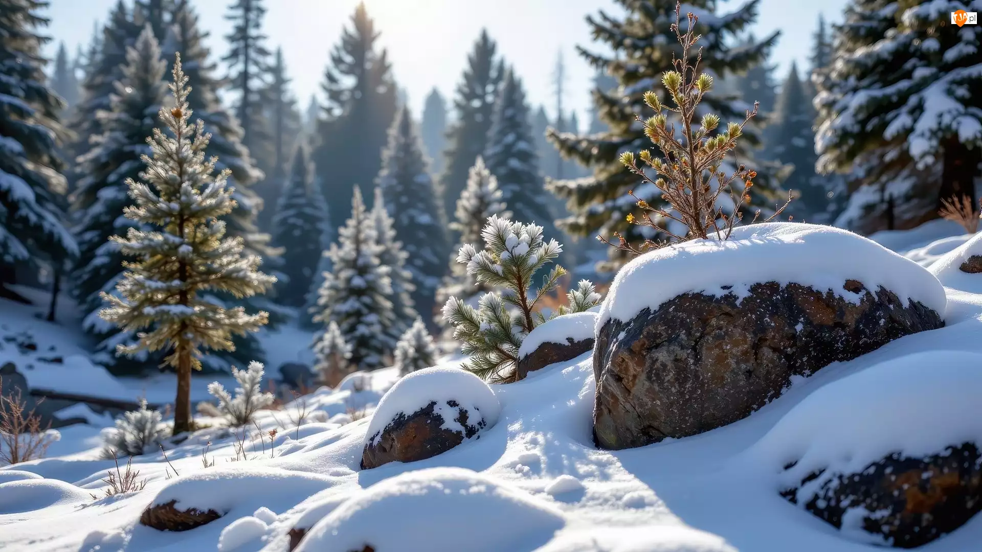 Śnieg, Ośnieżone, Iglaste, Zima, Drzewa, Głazy, Kamienie