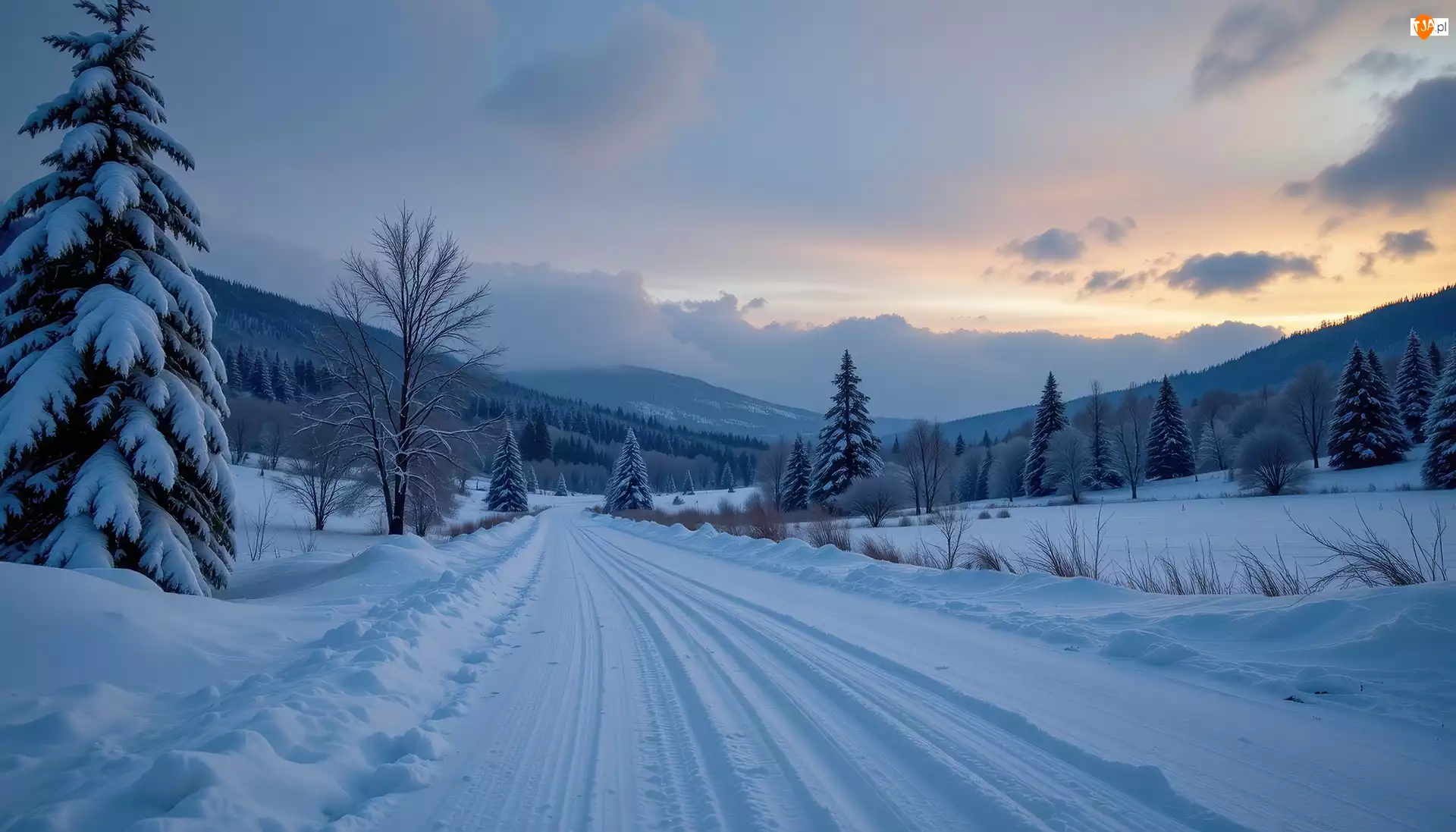 Drzewa, Grafika AI, Droga, Zima, Góry