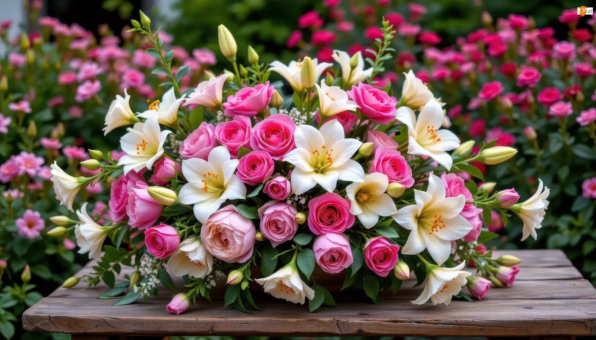 Stolik, Kwiaty, Piwonie, Ogród, Róże, Bukiet, AI, Lilie