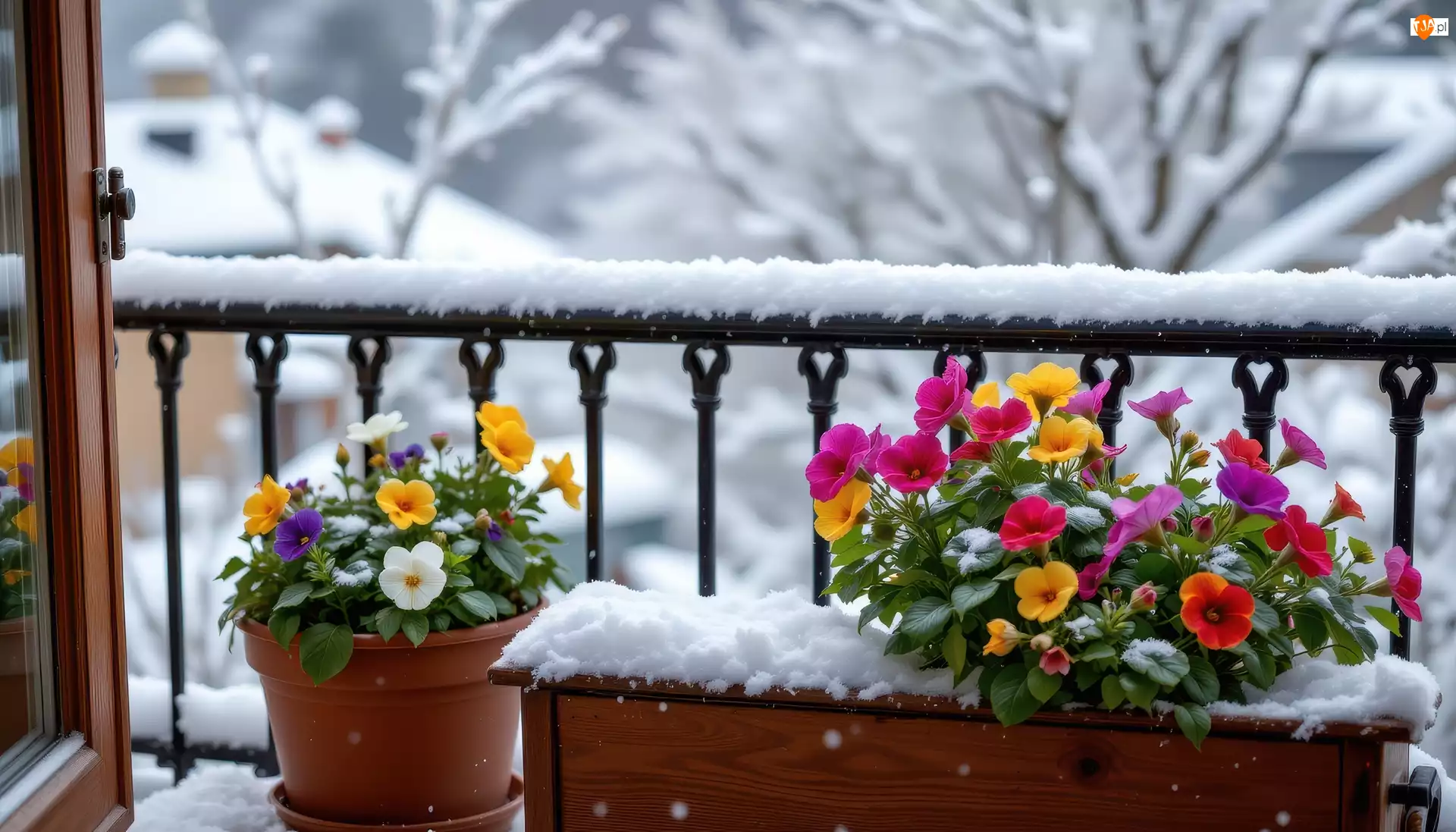 Balkon, Zima, Kwiaty, Donice