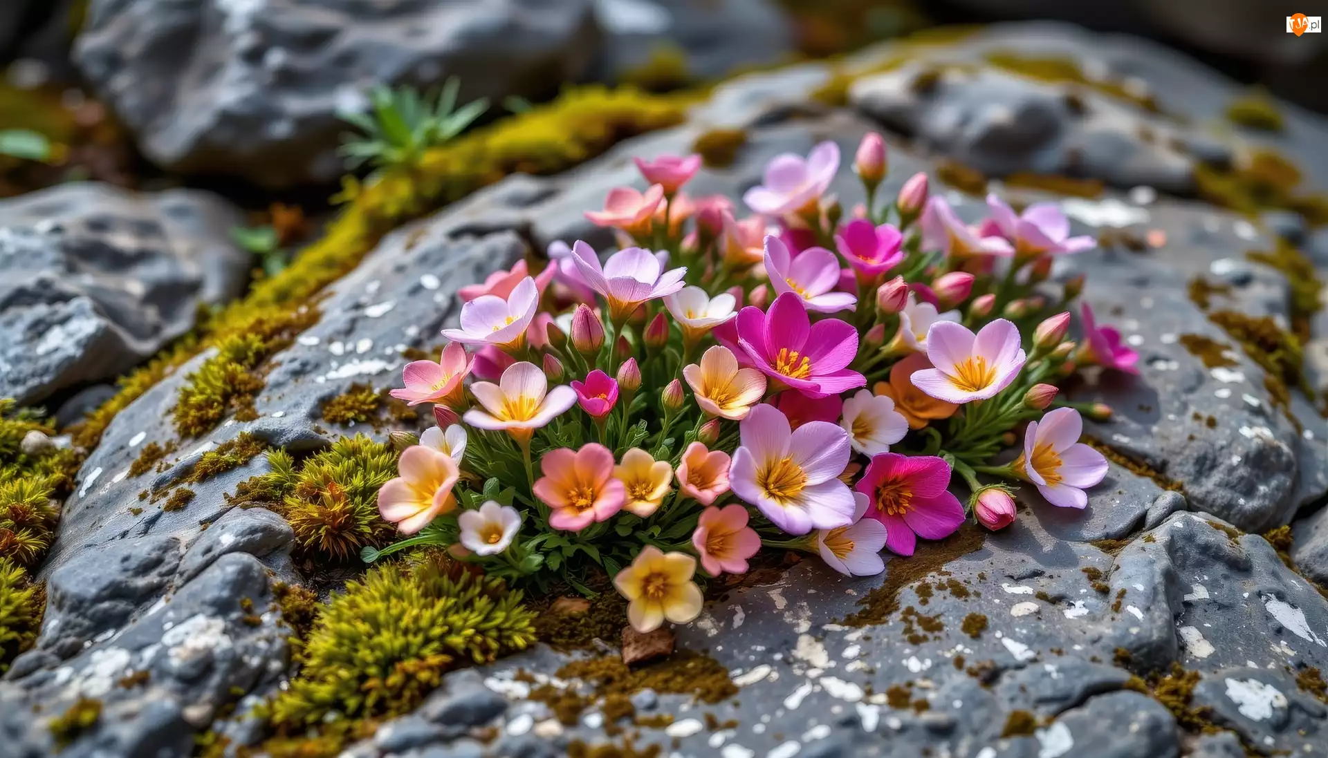 Mech, Kolorowe, Kwiaty, Skała
