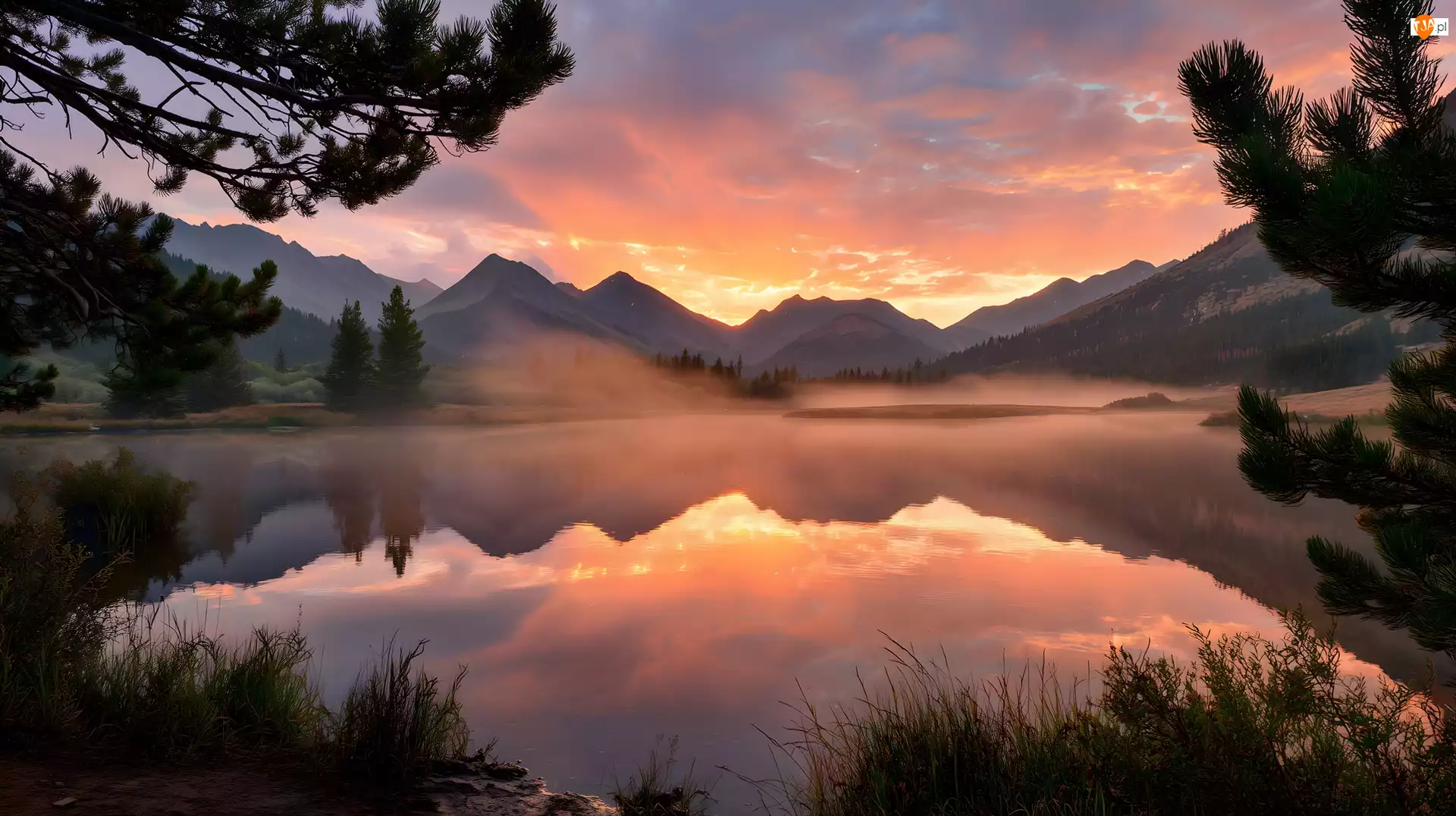 Góry, Grafika AI, Jezioro, Gałęzie, Zachód słońca