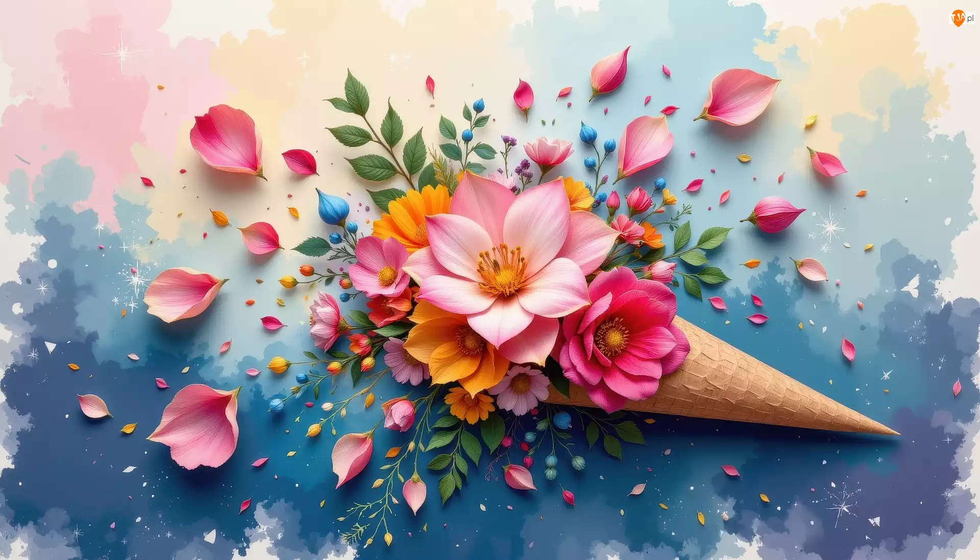 Rożek, Tło, Płatki, Kwiaty, Wafel