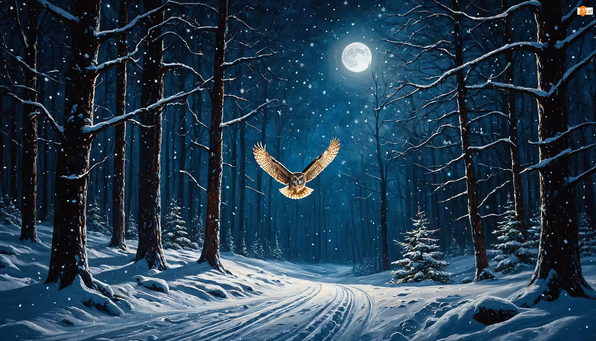 Drzewa, Las, Droga, Zima, Księżyc, Noc, Sowa