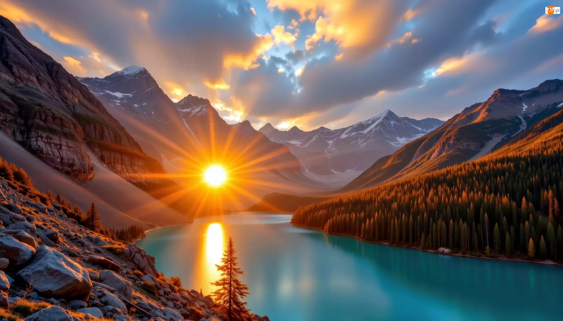 Góry, Grafika AI, Lasy, Jezioro, Promienie słońca