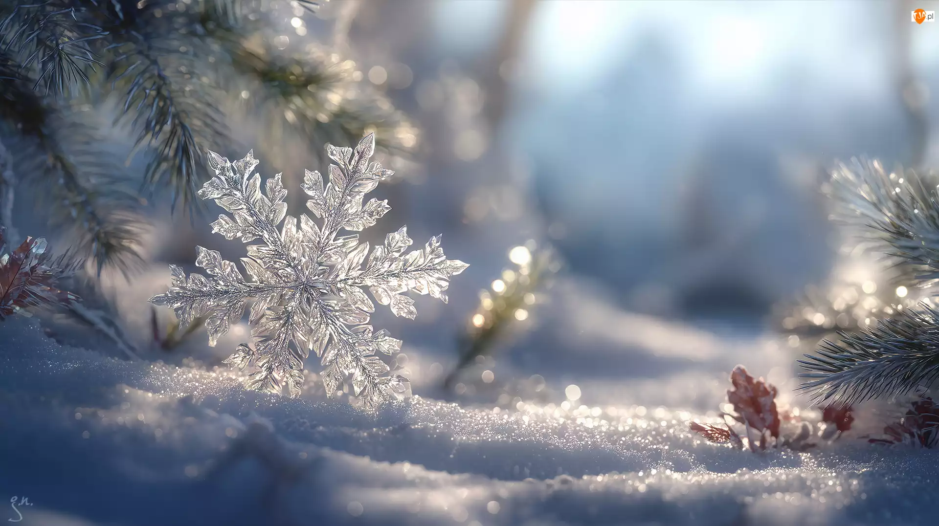 Zima, Grafika AI, Śnieg, Śnieżynka, Gałązki