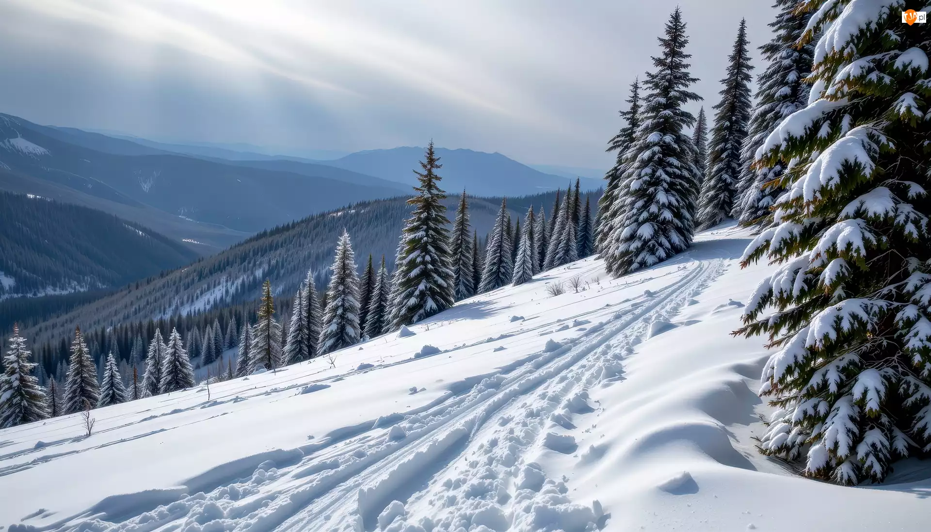 Drzewa, Grafika AI, Zbocze, Zima, Góry