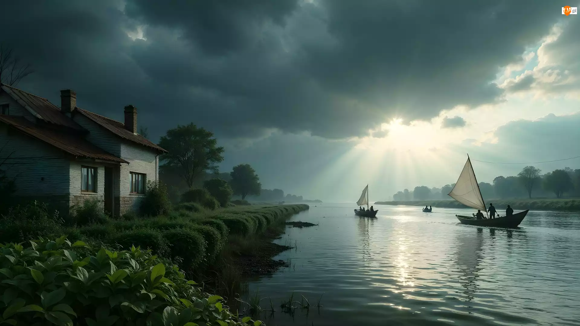 Zachmurzone, Rzeka, Łowienie, Niebo, Dom, Rybacy, Grafika, Łódki