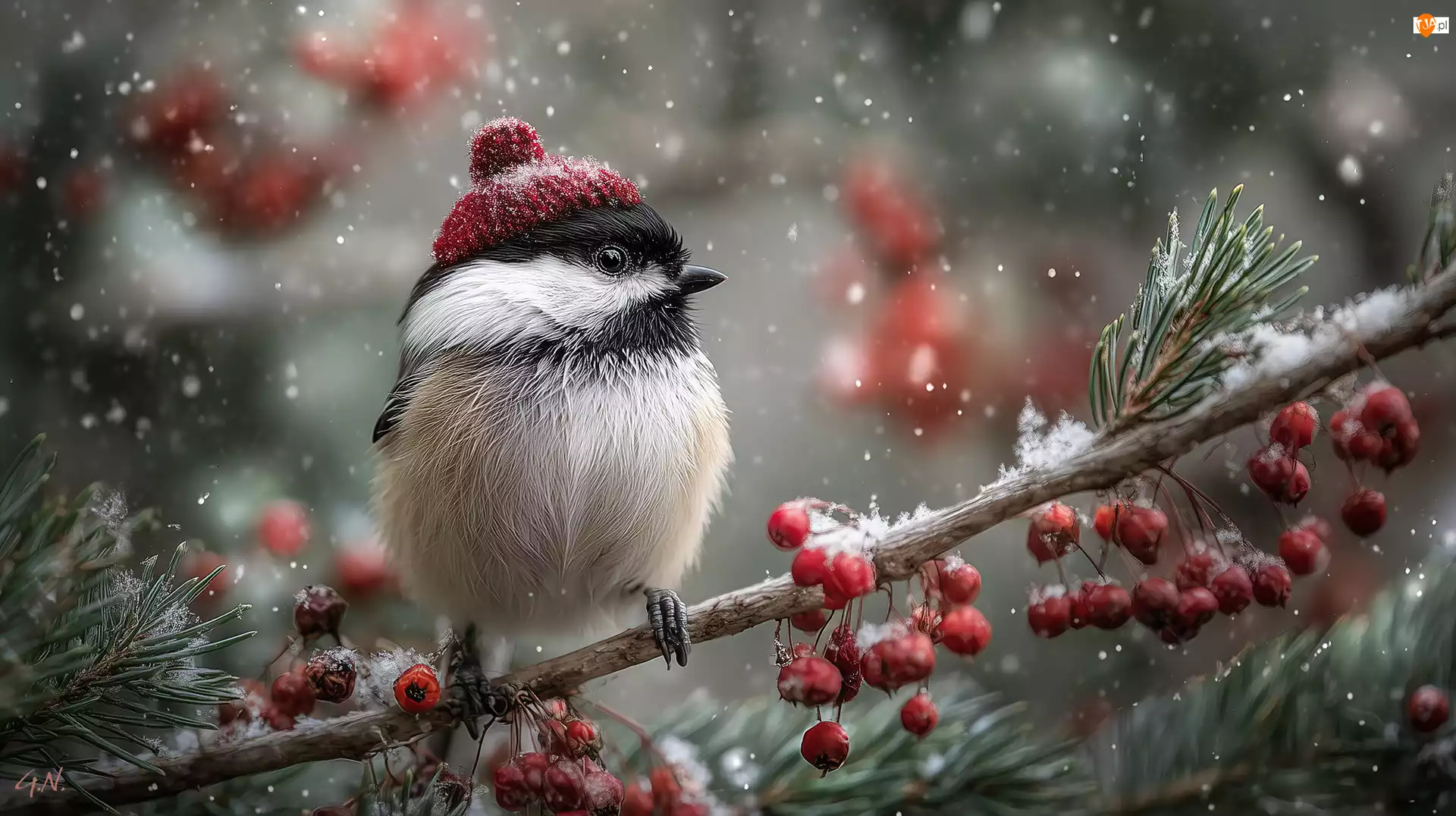 Czerwona, Sikorka czarnogłówka, Gałązka, Grafika AI, Czapka, Czerwone owoce