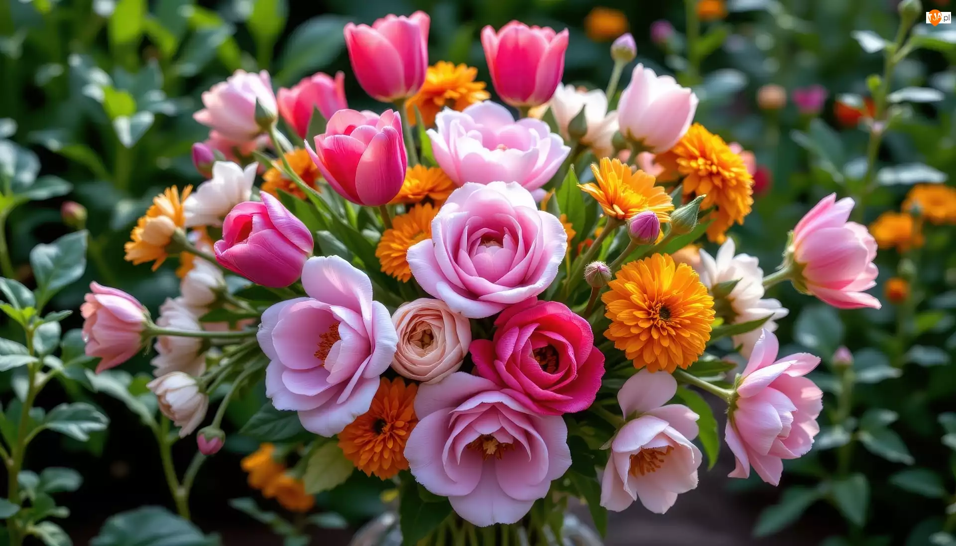 Tulipany, Bukiet, Róże, Kwiaty, Dalie