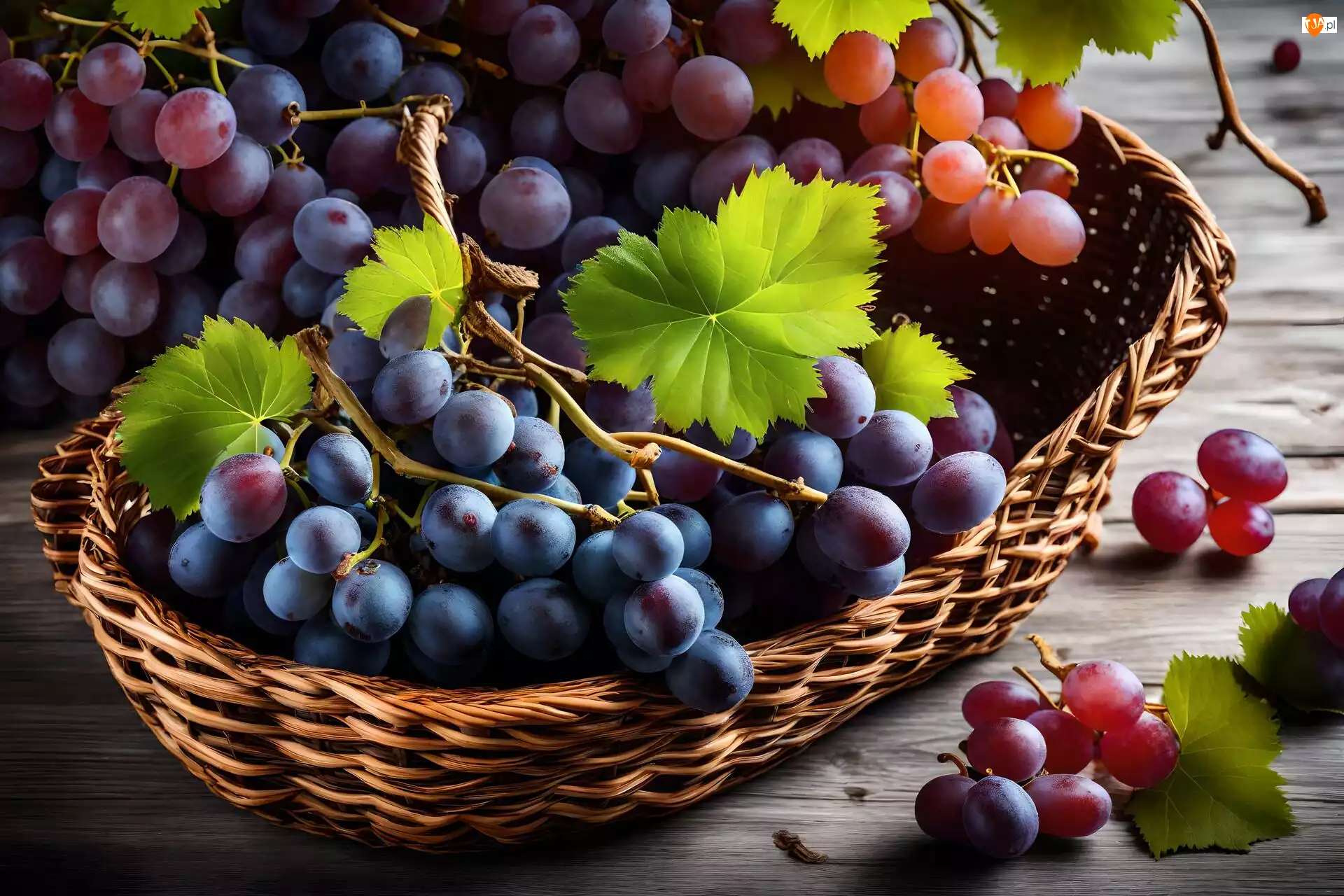 Winogrona, Koszyk, Fioletowe, Różowe, Listki