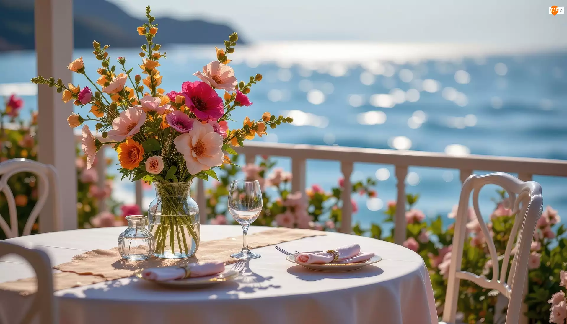 Taras, Grafika AI, Stół, Bukiet kwiatów, Morze