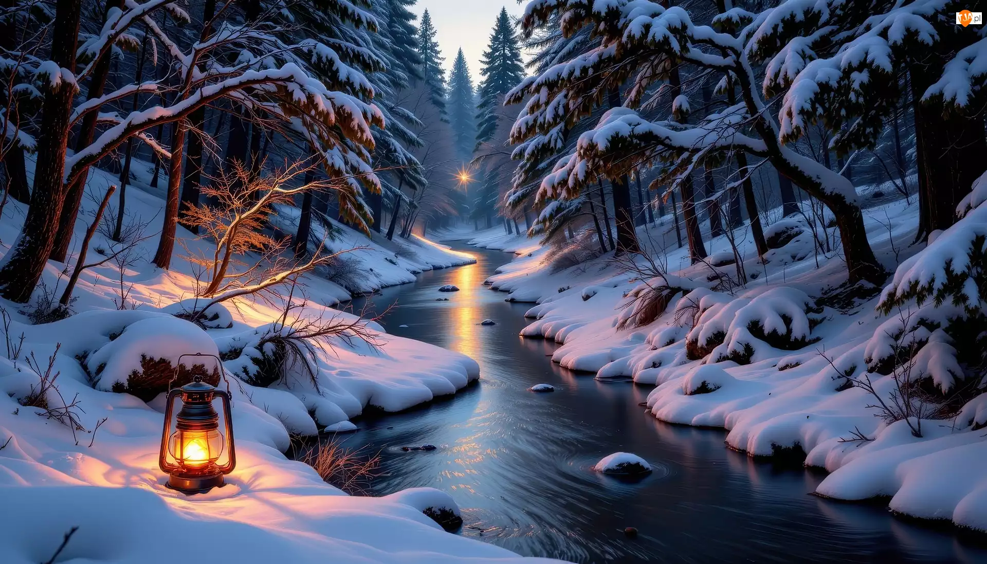 Rzeka, Zima, Las, Grafika AI, Lampa, Drzewa