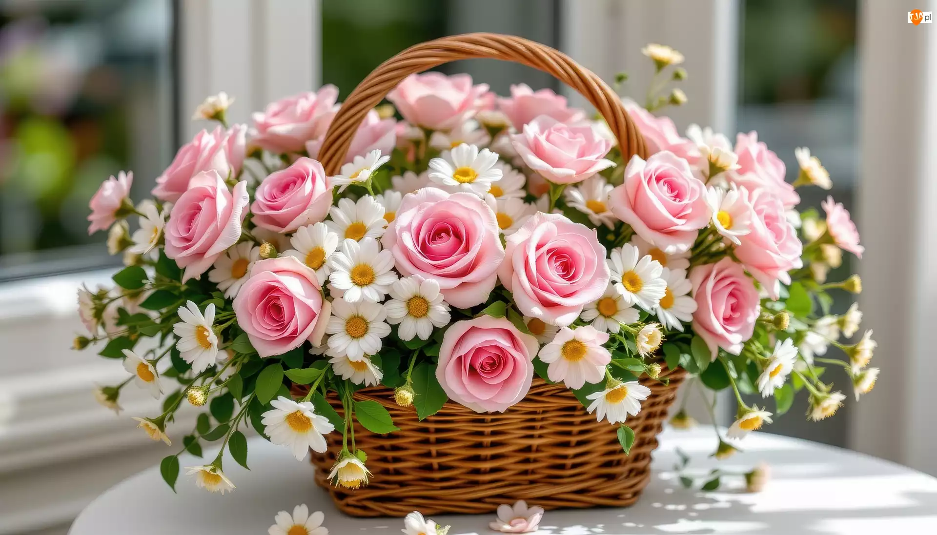 Bukiet, Kwiaty, Białe, Koszyk, Różowe, Stokrotki, Stolik, Róże