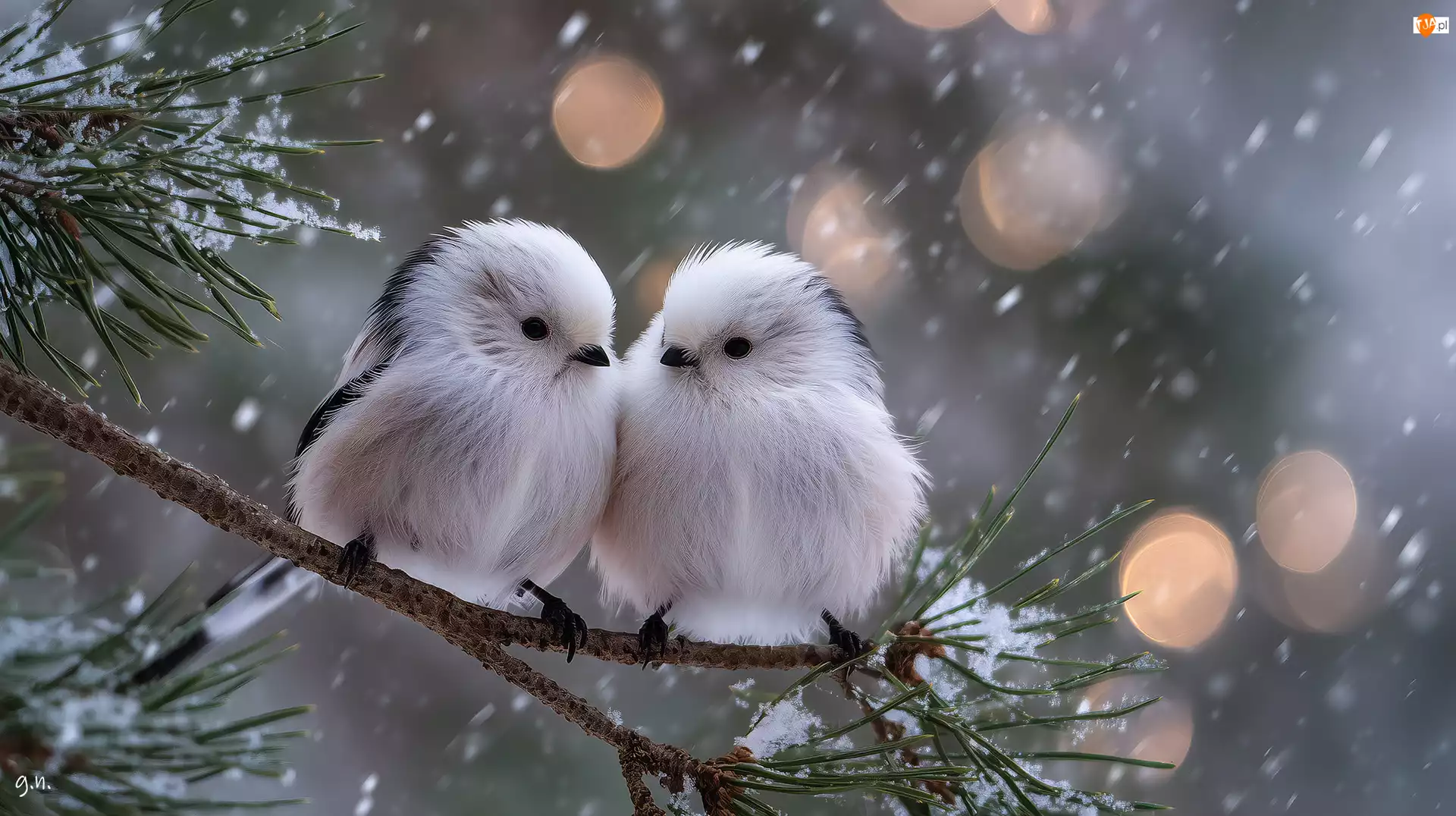 Raniuszki, Ptaki, Grafika AI, Dwa, Zima, Śnieg, Sosna