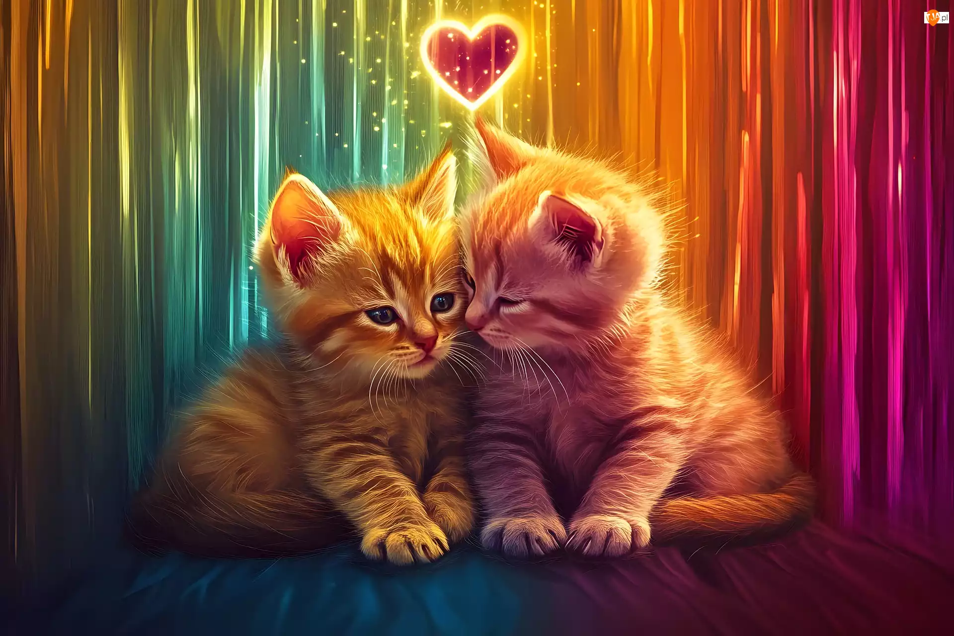 Koty, Kolorowe tło, Małe, Dwa, Serduszko
