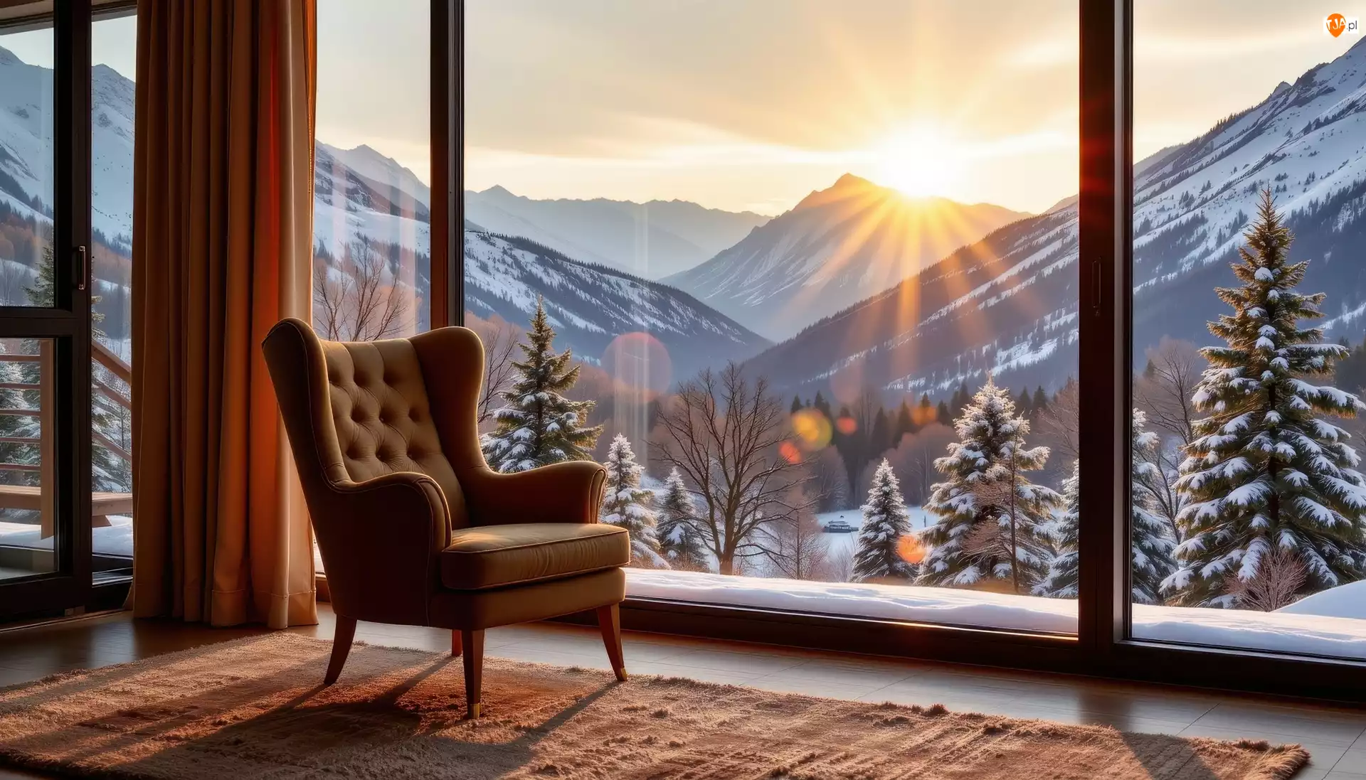Fotel, Okno, Grafika AI, Pokój, Słońce, Góry, Zima