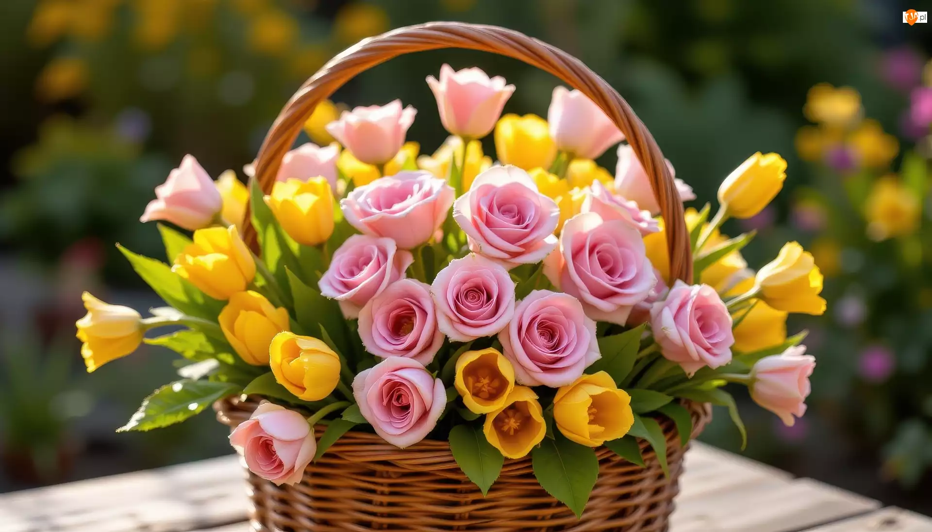 Tulipany, Różowe, Kwiaty, Żółte, Koszyk, Wiklinowy, Róże