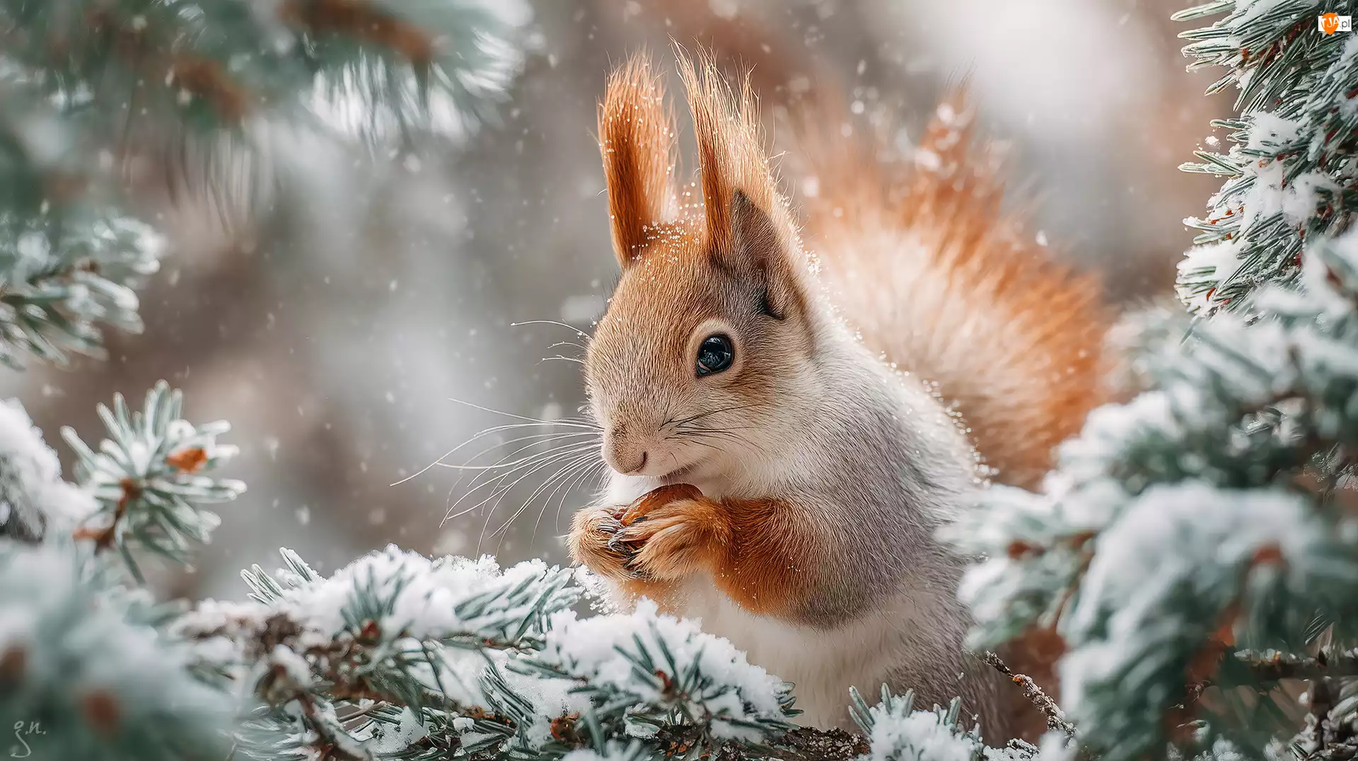 Śnieg, Grafika AI, Gałązki, Wiewiórka, Zima