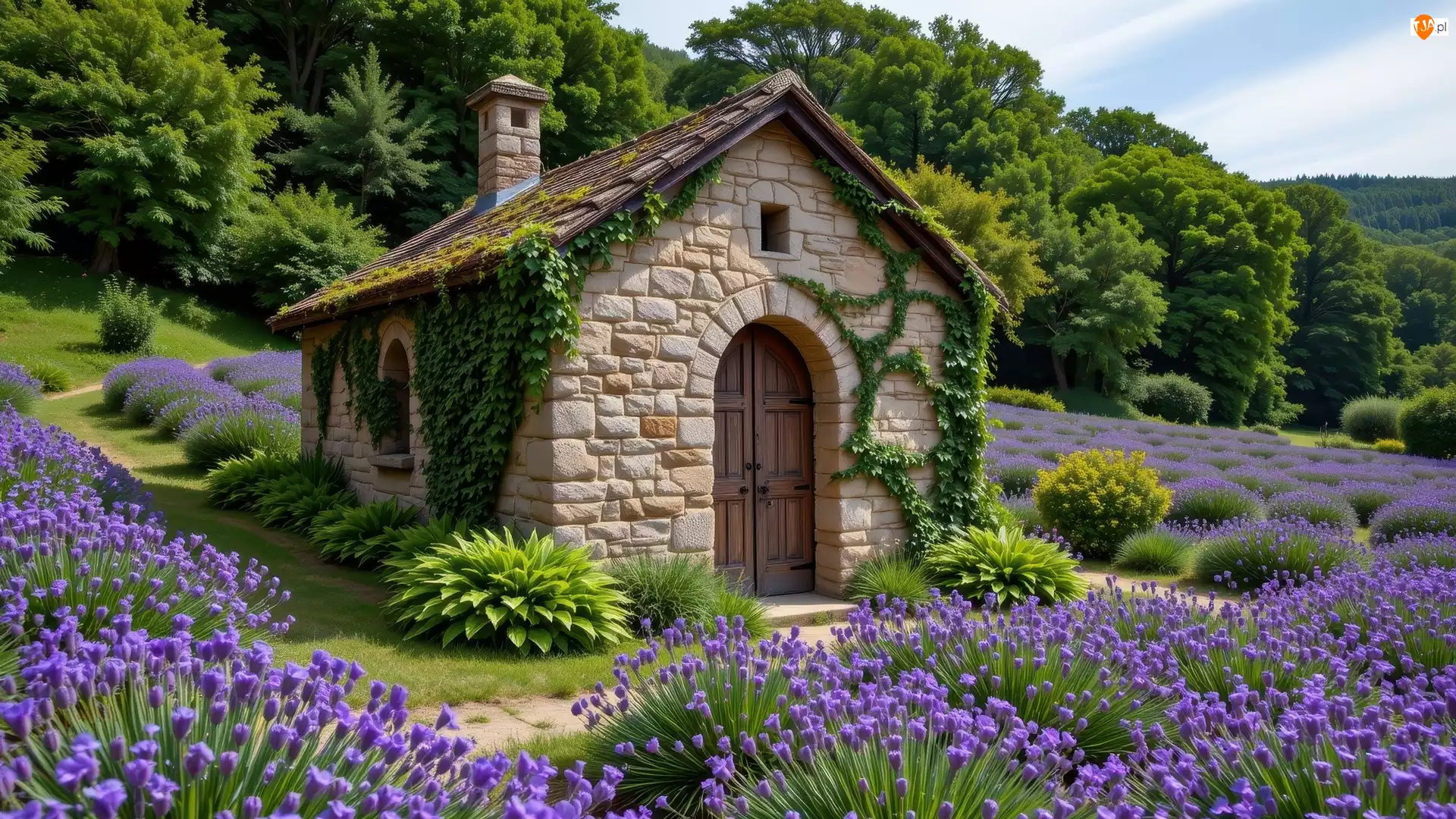 Lawenda, Drzewa, Pole, Dom, Rośliny