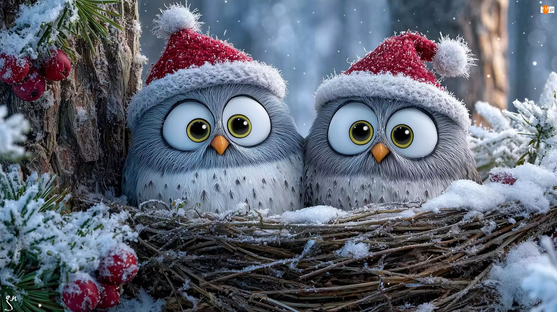 Drzewo, Grafika AI, Gniazdo, Sowy, Czapki