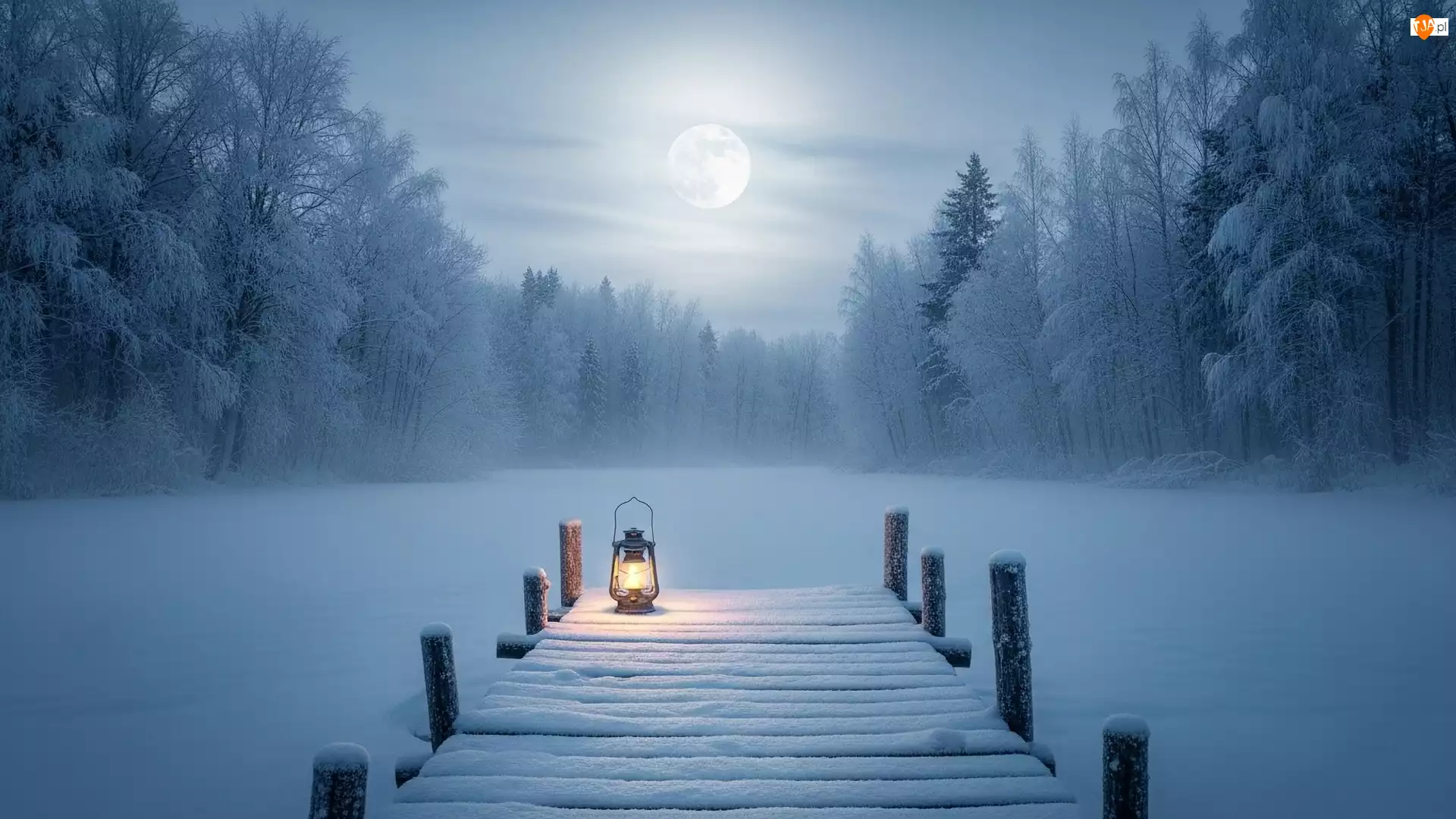 Księżyc, Drzewa, Śnieg, Ośnieżone, Pomost, Zima, Zaśnieżone, Latarnia, Jezioro, Mgła