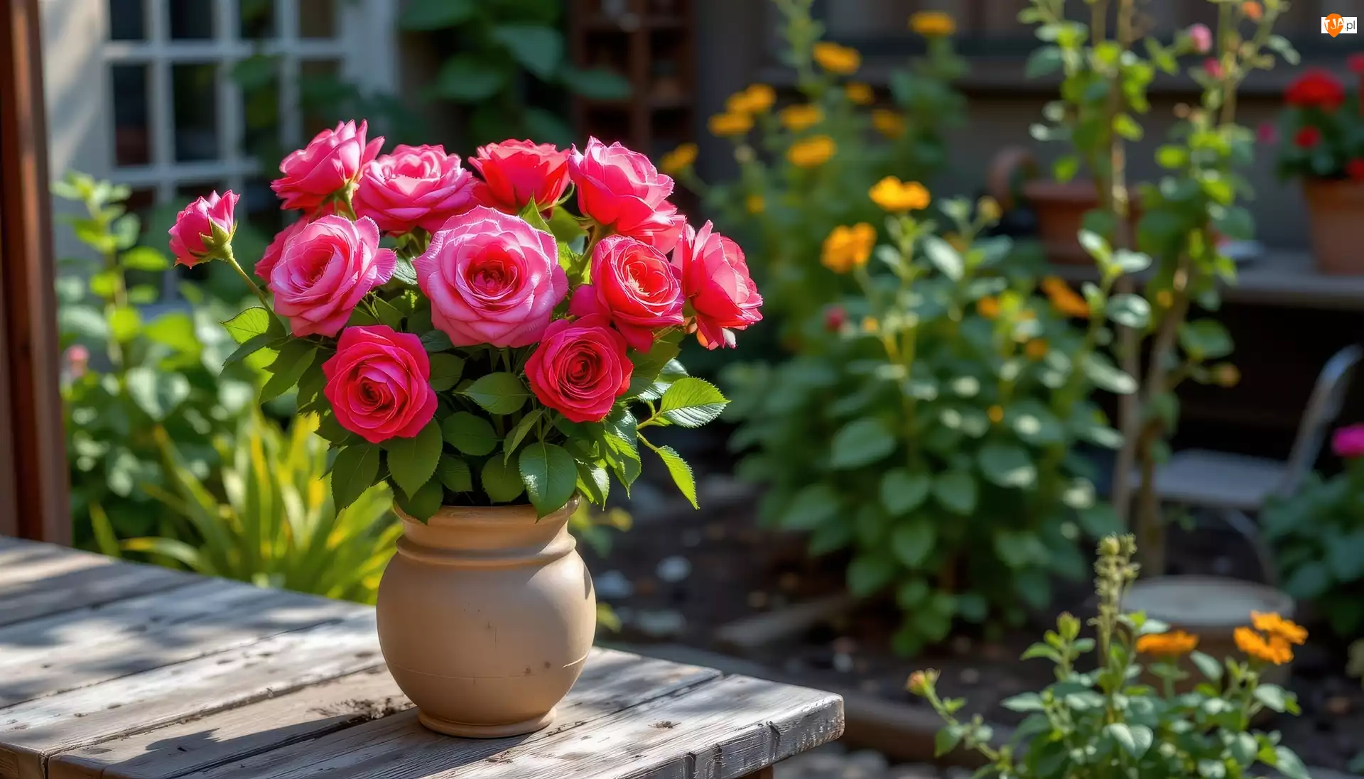 Różowe, Róże, Grafika AI, Kwiaty, Ogród, Stół, Wazon
